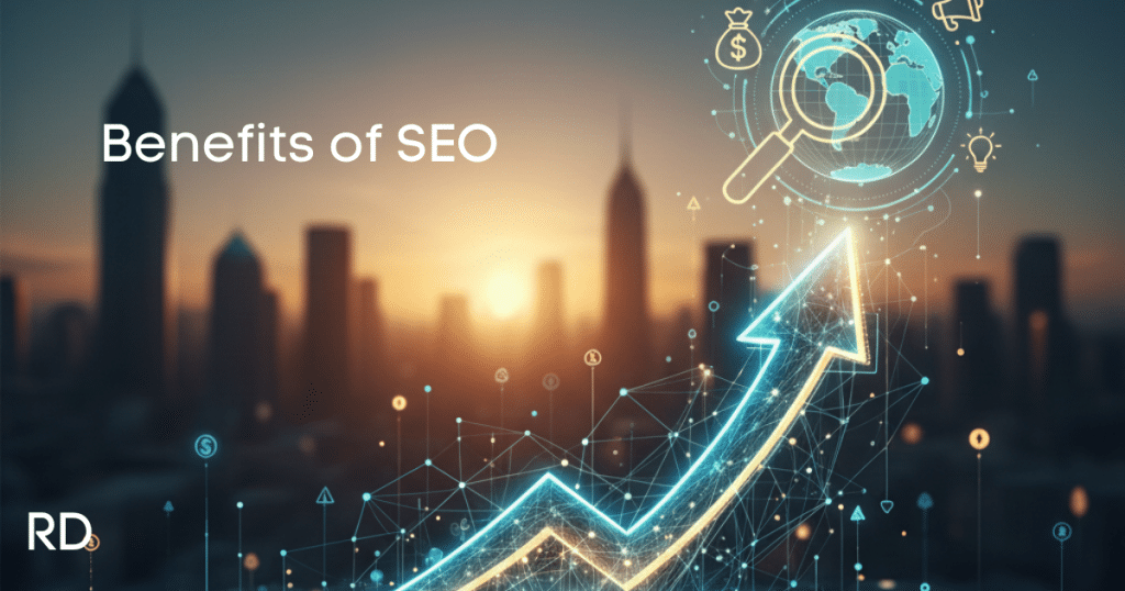 SEO benefits chart showing upward growth arrow over city skyline