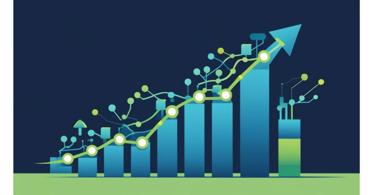 Growth chart showing upward AI content marketing trends with rising bars and network connections on blue background