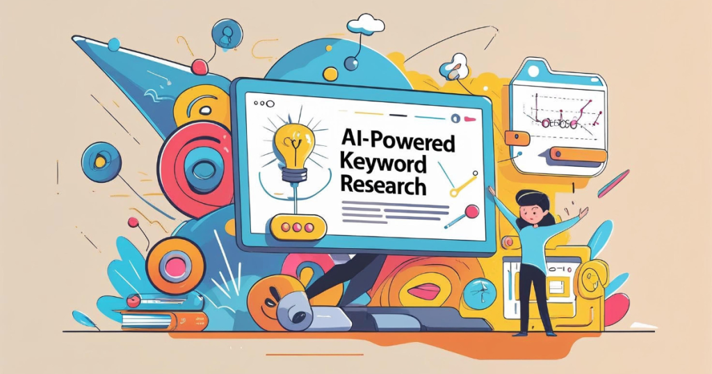 Colorful illustration of AI-powered keyword research on laptop screen.