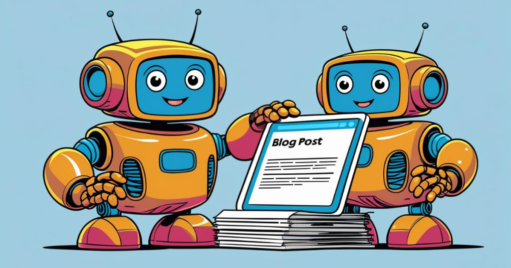 Two friendly AI robots collaborating on blog post - illustration for AI content creation