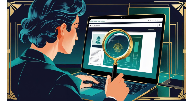 Person using laptop with magnifying glass showing how to avoid AI content detection.