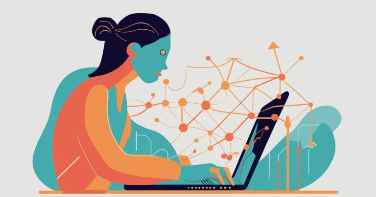How to optimize content with AI - illustration of person using laptop with neural network and data visualization graphics