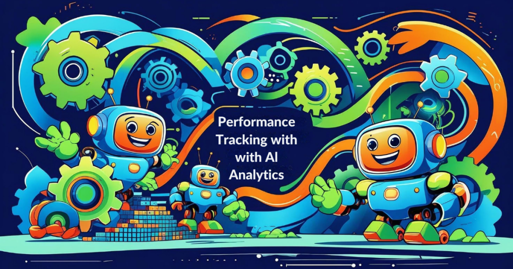 AI robots tracking performance analytics with colorful gears and data